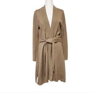 Tristan Long Belted Cardigan Women's Medium Tan Wool Blend Open Front Minimalist